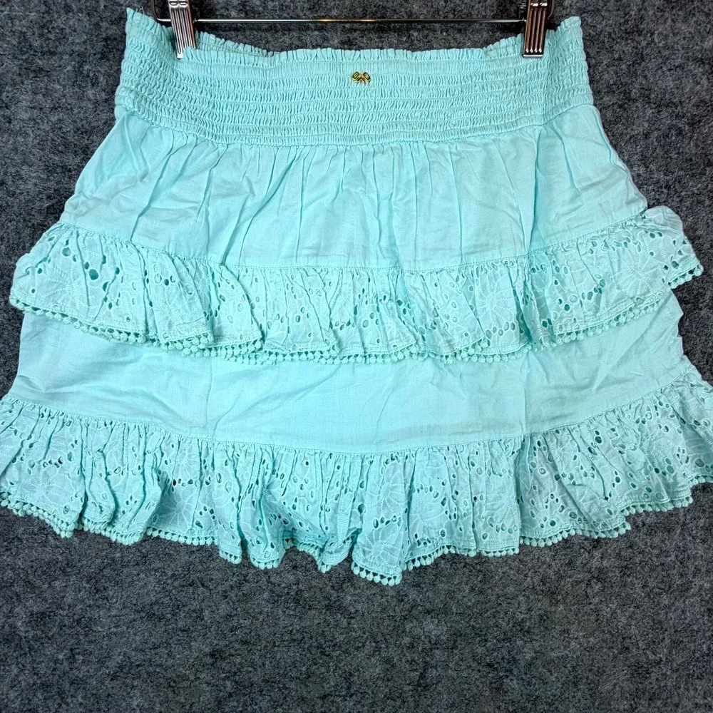 PilyQ Mini Skirt Womens M/L Blue Cotton Ari Eyelet Ruffle Coquette Fairy‎ Girly